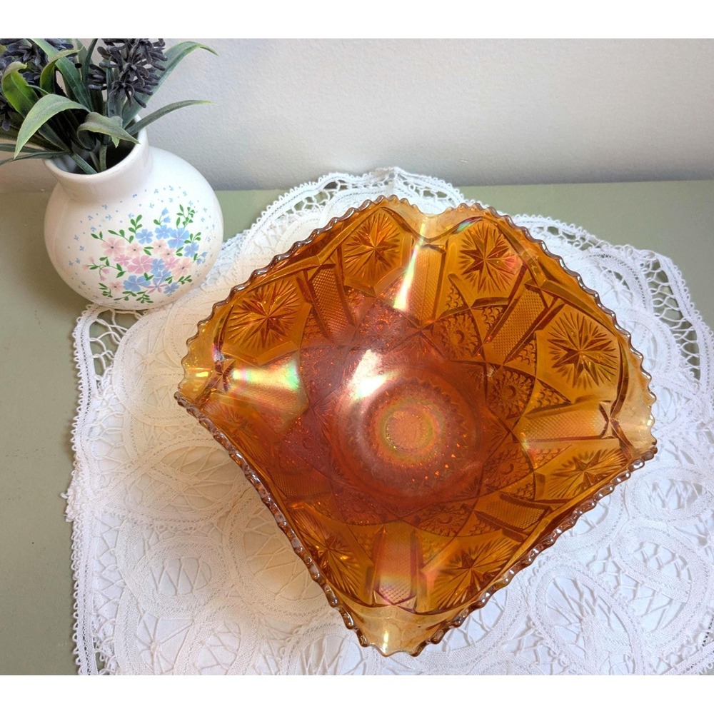 Vintage Carnival Glass Bowl‎ Amber Iridescent Ruffled Edge Dish Art Glass